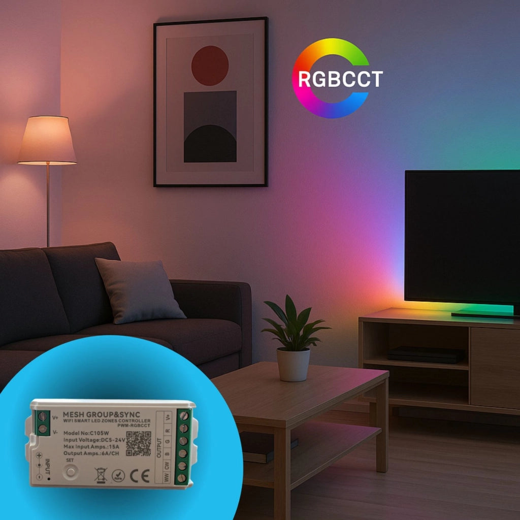 Centralina Controller Per Striscia Led RGBCCT WIFI 2.4G, RF 2.4G TUYA, Smart Life Max 15A Tot. (6A/CH) DC5-24V 360W 5 Canali RGBCCT CLC105R Bianco