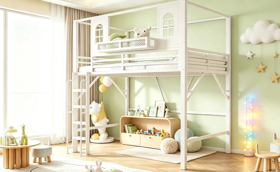 Letto a soppalco ULEVR 90x200 cm con tetto e finestre, scala con corrimano e ripiano, bianco