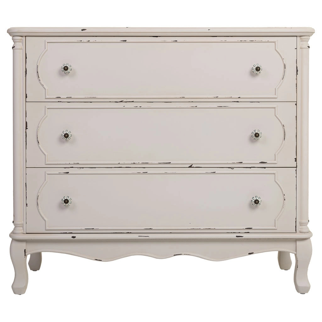 Comò in legno bianco invecchiato con 3 cassetti 100x38x86,5h cm