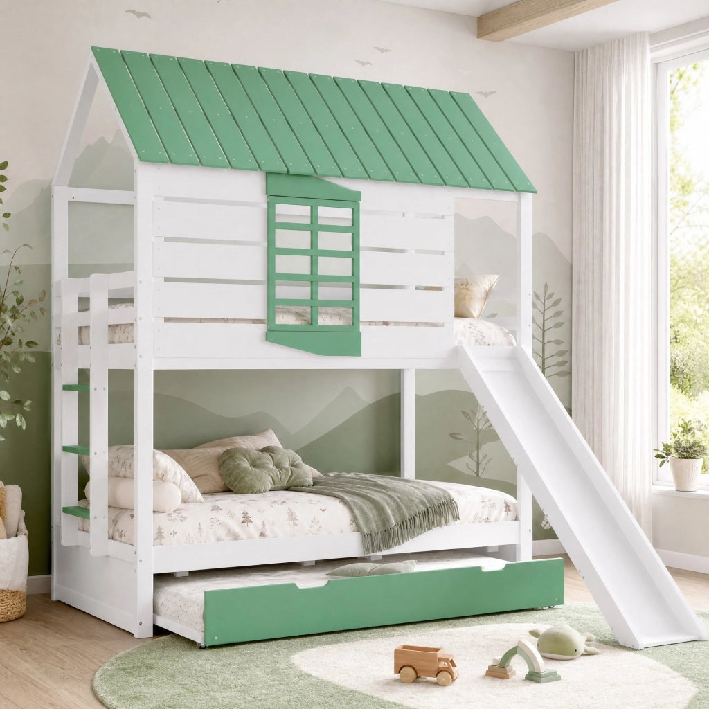 LETTO A CASTELLO IN FORMA DI CASA 90x200 cm CON SCIVOLO E LETTO ESTRAIBILE BIANCO/VERDE