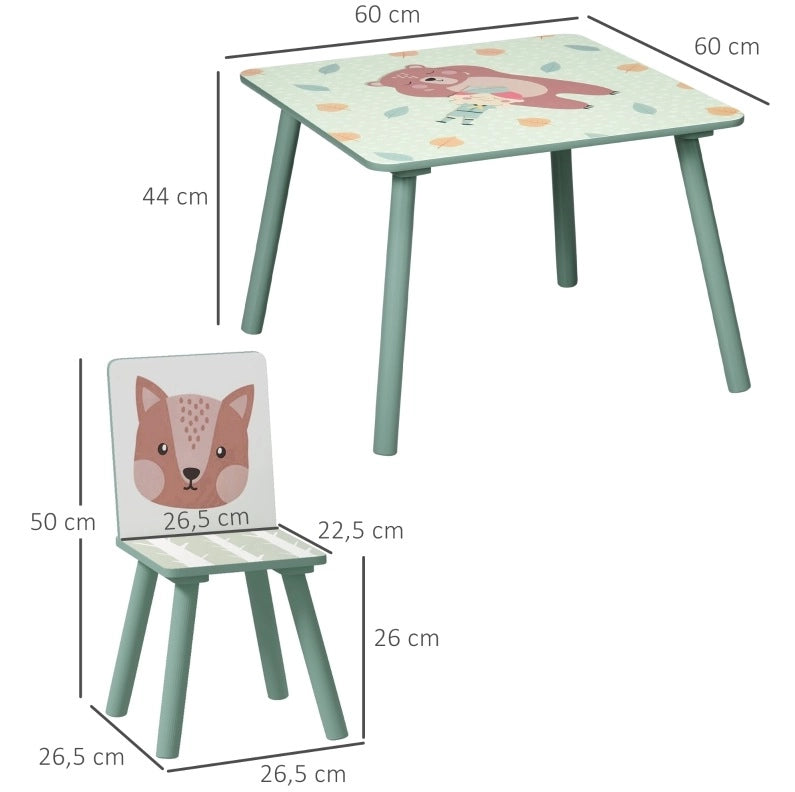 Tavolo per bambini con 2 sedie, verde, in legno