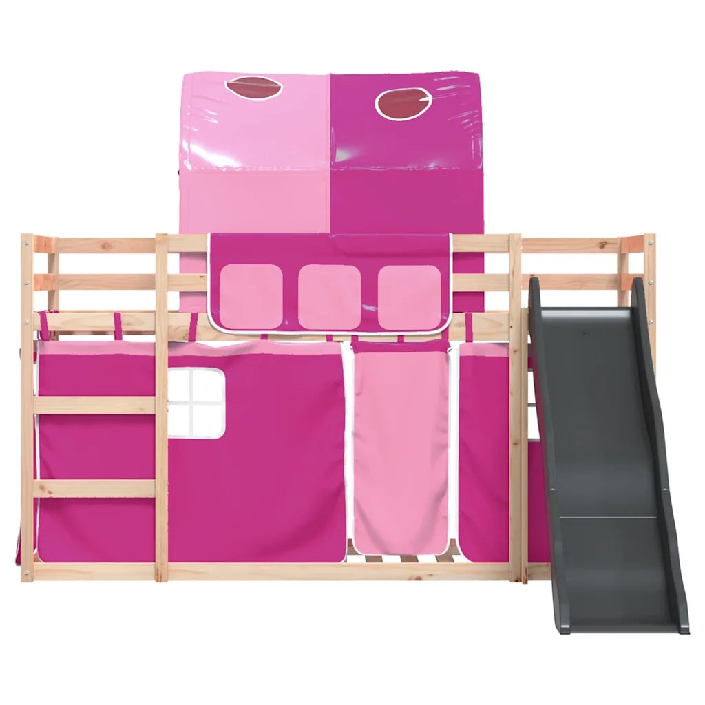 Letto singolo | Letto per adulti | Letto a Castello con Scivolo e Tende Rosa 80x200 cm
