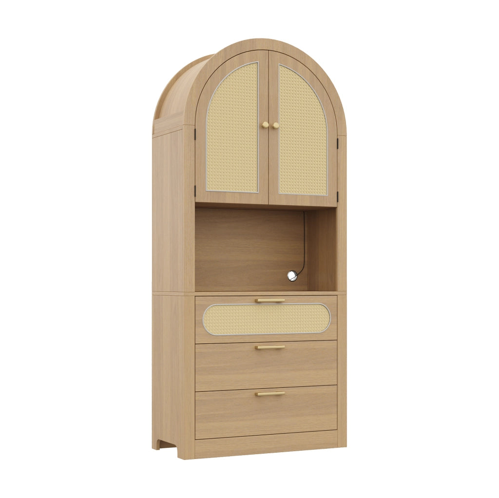 Credenza 80x35x180 cm con LED regolabile e ante in rattan; MDF e truciolare; bianco e naturale