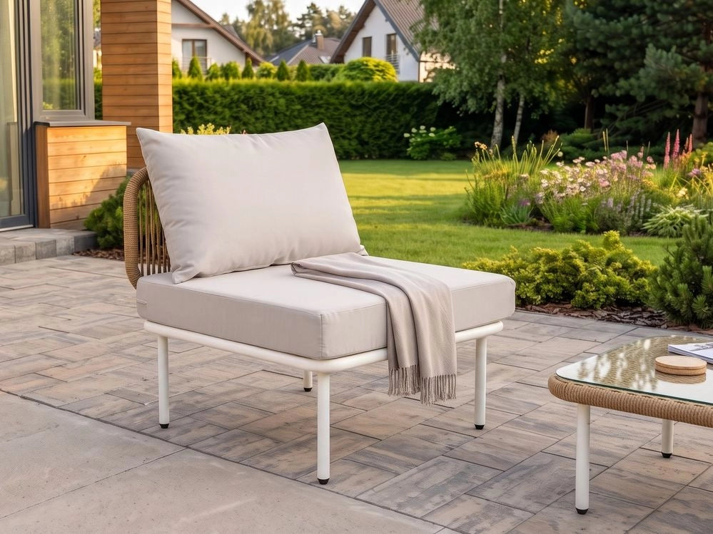 Modulo moderno per divano a 1 posto in metallo, rattan in PE e tessuto beige chiaro per giardino e terrazzo
