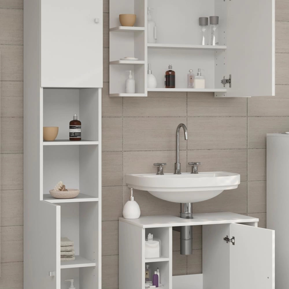 Set mobili bagno Fynn, Bianco, 60 cm, composto da mobile lavabo, pensile a specchio, colonna e base media