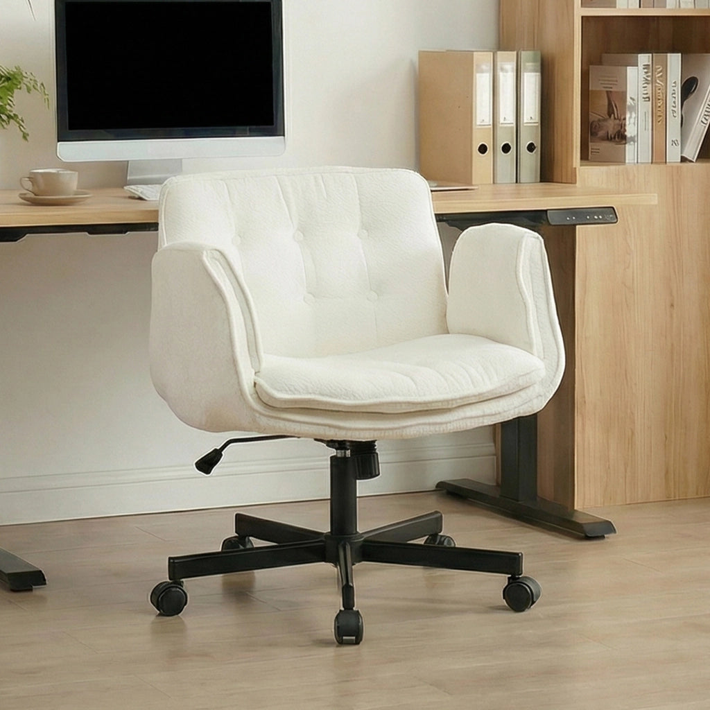 Sedia da ufficio girevole con braccioli regolabili a 5 livelli seduta in memory foam chenille bianca con ruote silenziose