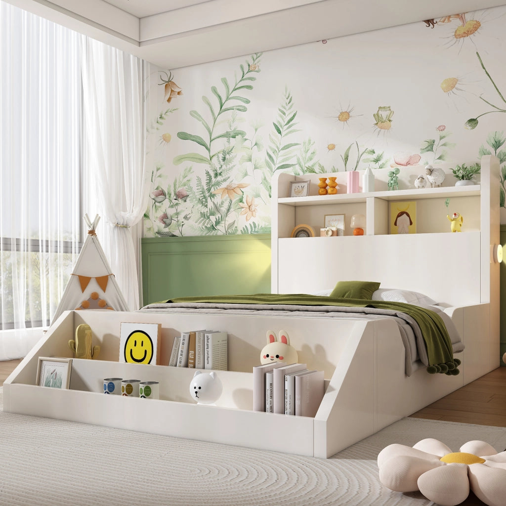 LETTO Singolo 90x200 cm Bianco con ripiani, libreria e luci notturne