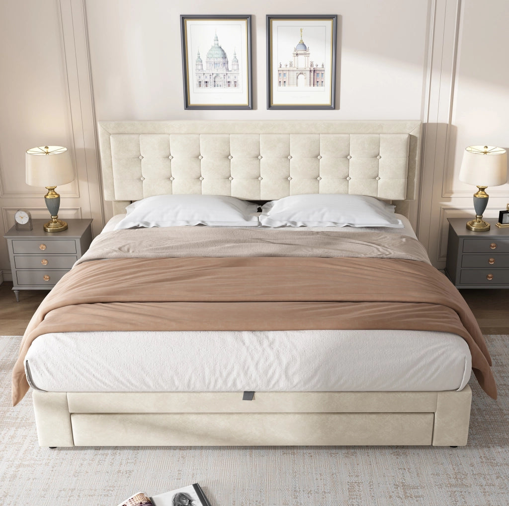 Letto matrimoniale 160x200 cm in velluto beige con contenitore; testiera regolabile e cassetti