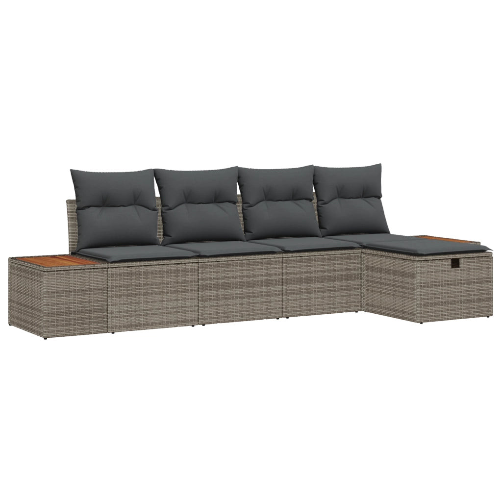 Set Divano da Giardino 5 Pezzi con Cuscini Grigio Poly Rattan