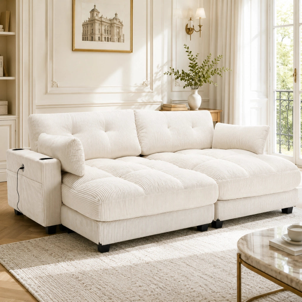 DIVANO Modulare 224x140x81 cm in Corduroy Beige Divisibile in 2 Sedute