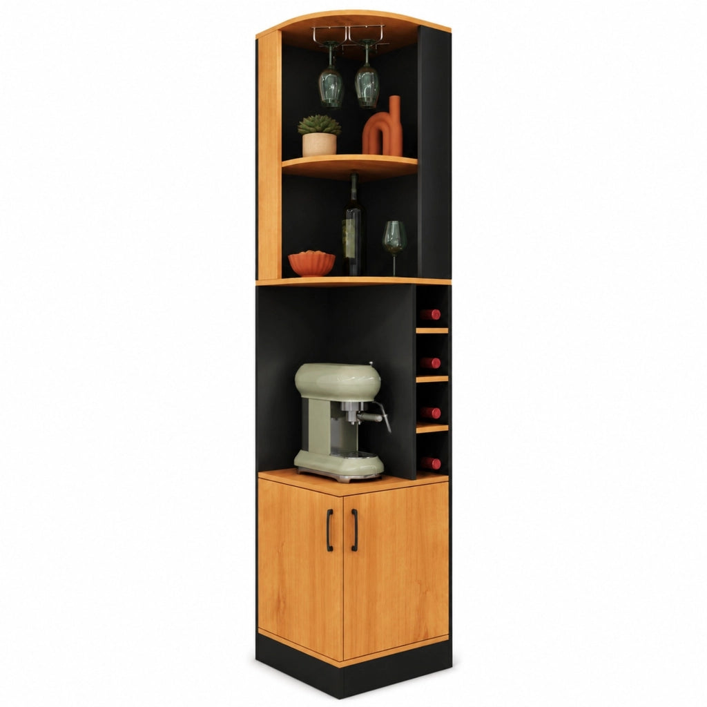 Mobile bar ad angolo 40x40x182 cm con portabicchieri e 4 vani vino in MDF nero