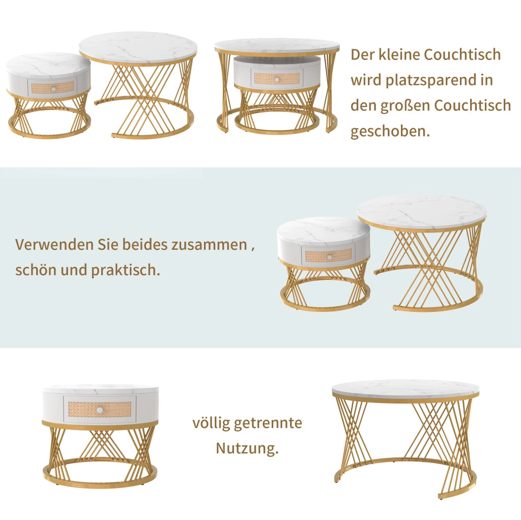 Set di 2 tavolini rotondi MDF bianco e oro con cassetto