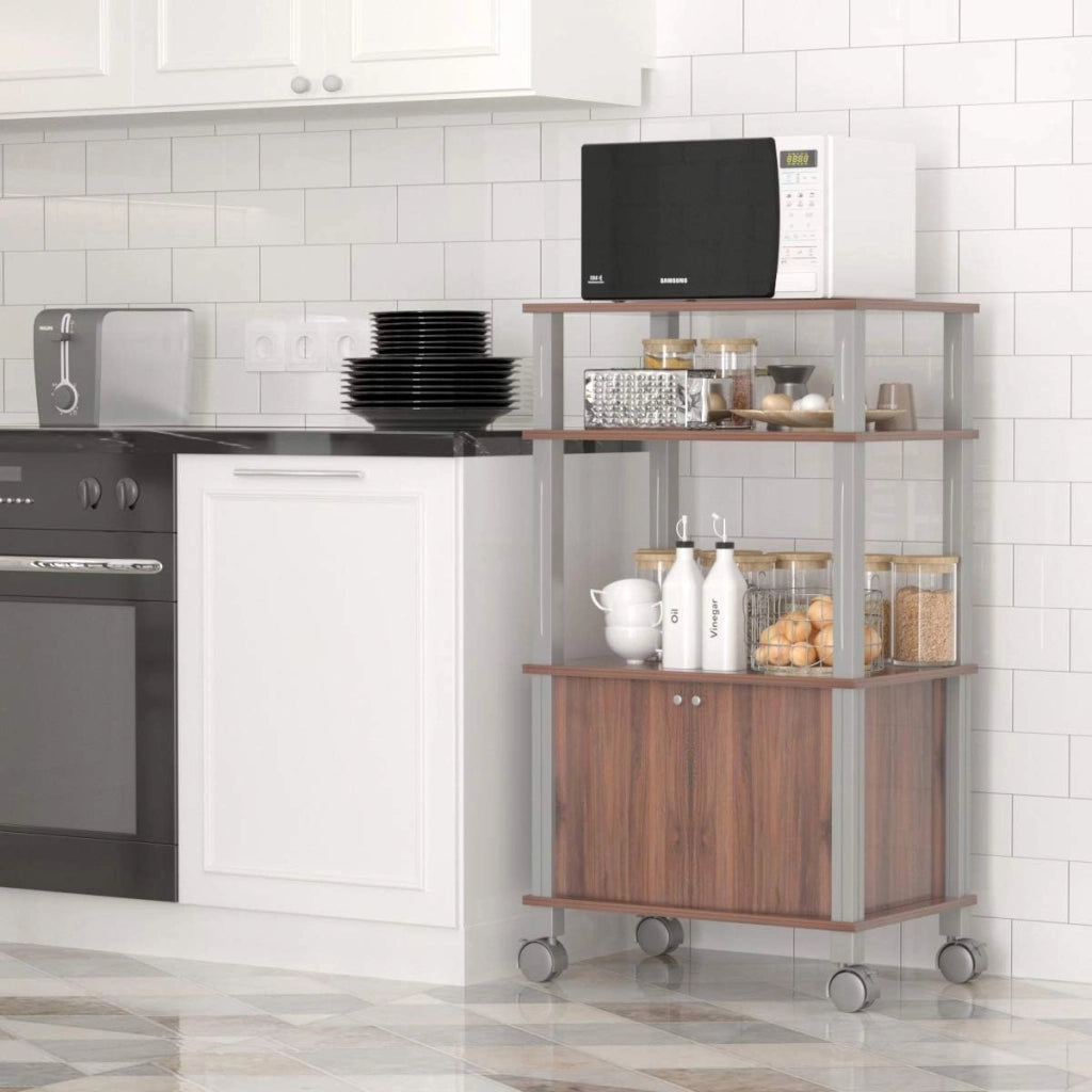 Carrello a rotelle a microonde, carrello da cucina a microonde, con 4 ruote e 2 freni, ripiano portaoggetti a 3 livelli e armadio ante,60 x 40 x 98 cm (Marrone)