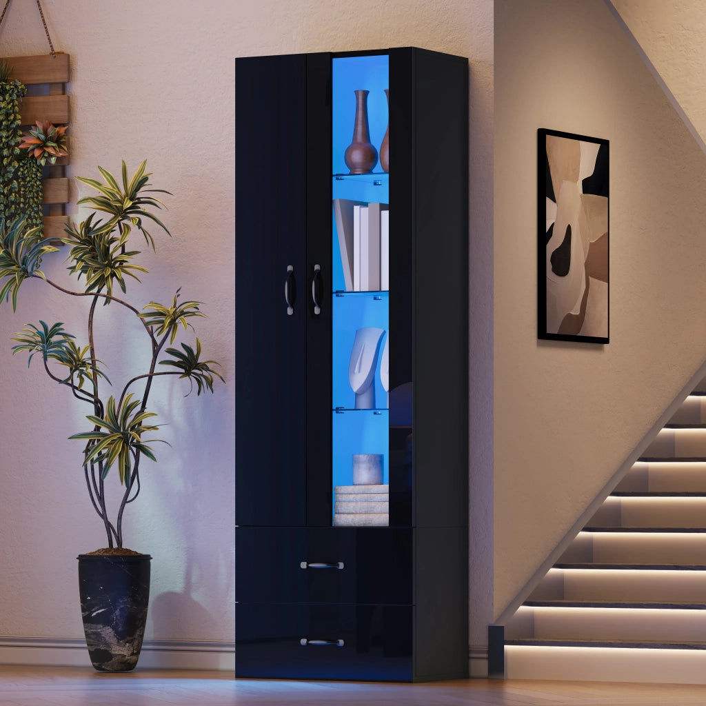 Vetrina con 2 ante; 2 cassetti e 6 ripiani con LED per soggiorno e studio; in truciolare nero; 60×35×182.5 cm