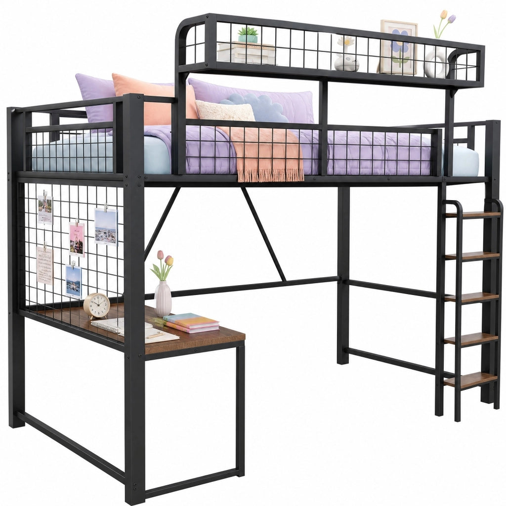 Letto a soppalco in metallo 90x200 cm con scrivania; LED; presa e scala; nero