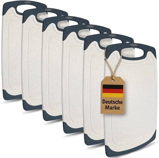 Set di tavoliere per colazione da 6 pezzi, 25 x 15 cm, set di tavoliere per taglio, doppia faccia, antiscivolo con canale per succhi, tavoliere cremo con bordo nero, tavoliere, tavoliere per snack