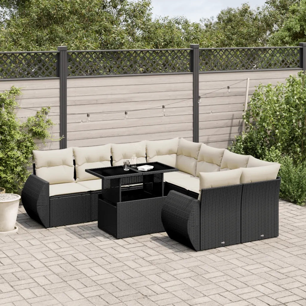 Set Divani da Giardino 9 pz con Cuscini Nero in Polyrattan 3268426