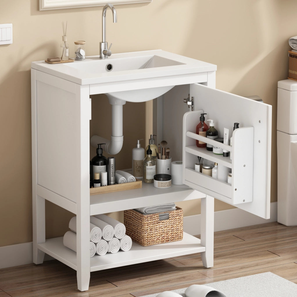 Mobile bagno con lavabo in ceramica; 61x47x87 cm; bianco; con ripiani interni