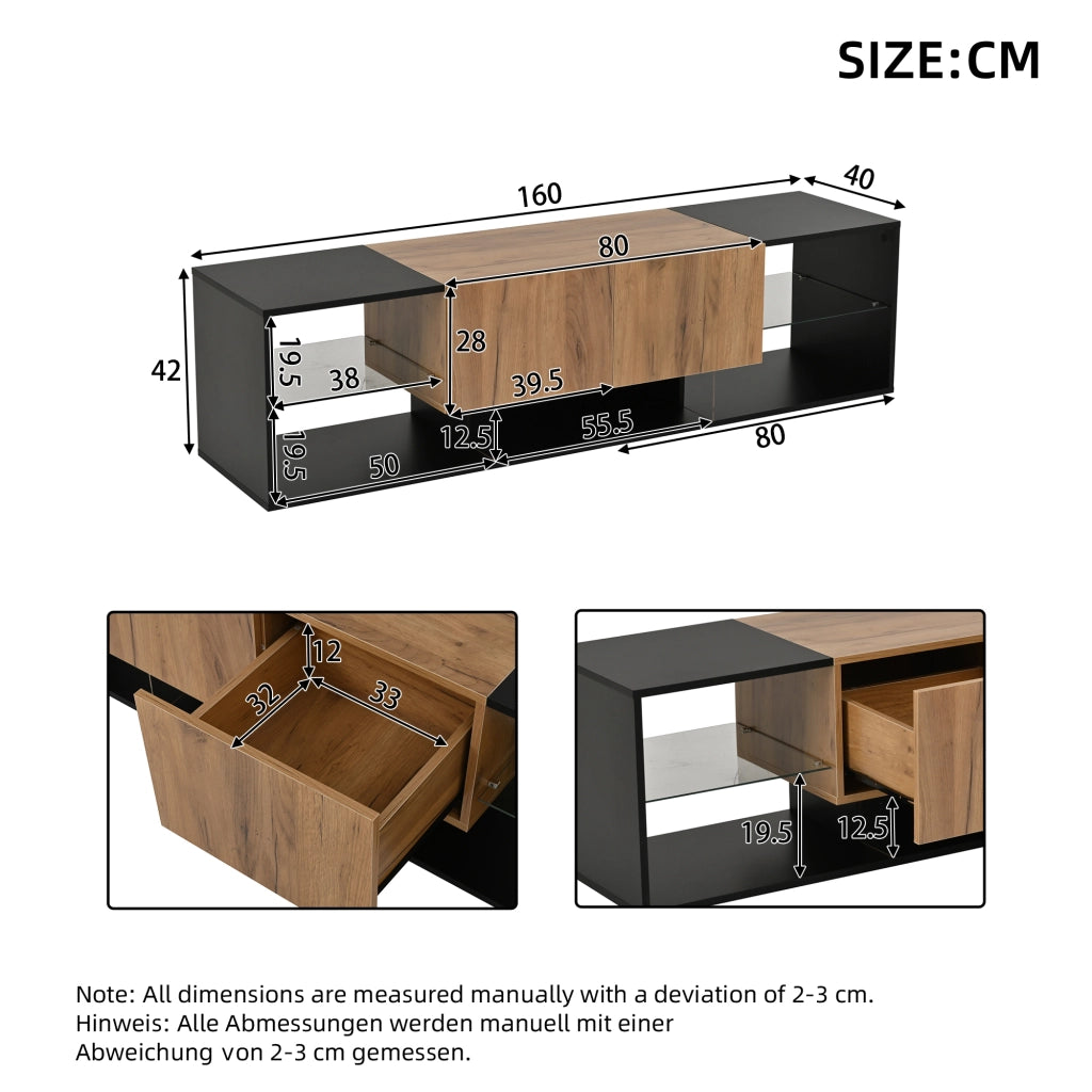 Mobile TV con 2 cassetti e LED; per soggiorno; in truciolare; 160×40×42 cm; nero e naturale