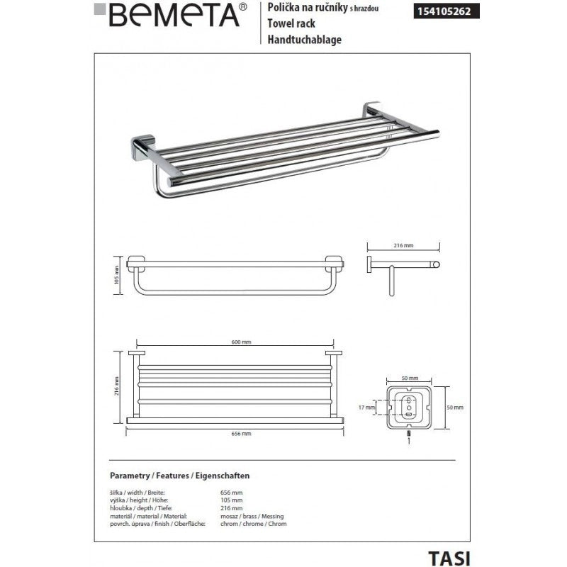 Mensola doccia TASI con ottone cromato 65,6 x10,5 x21,6 cm