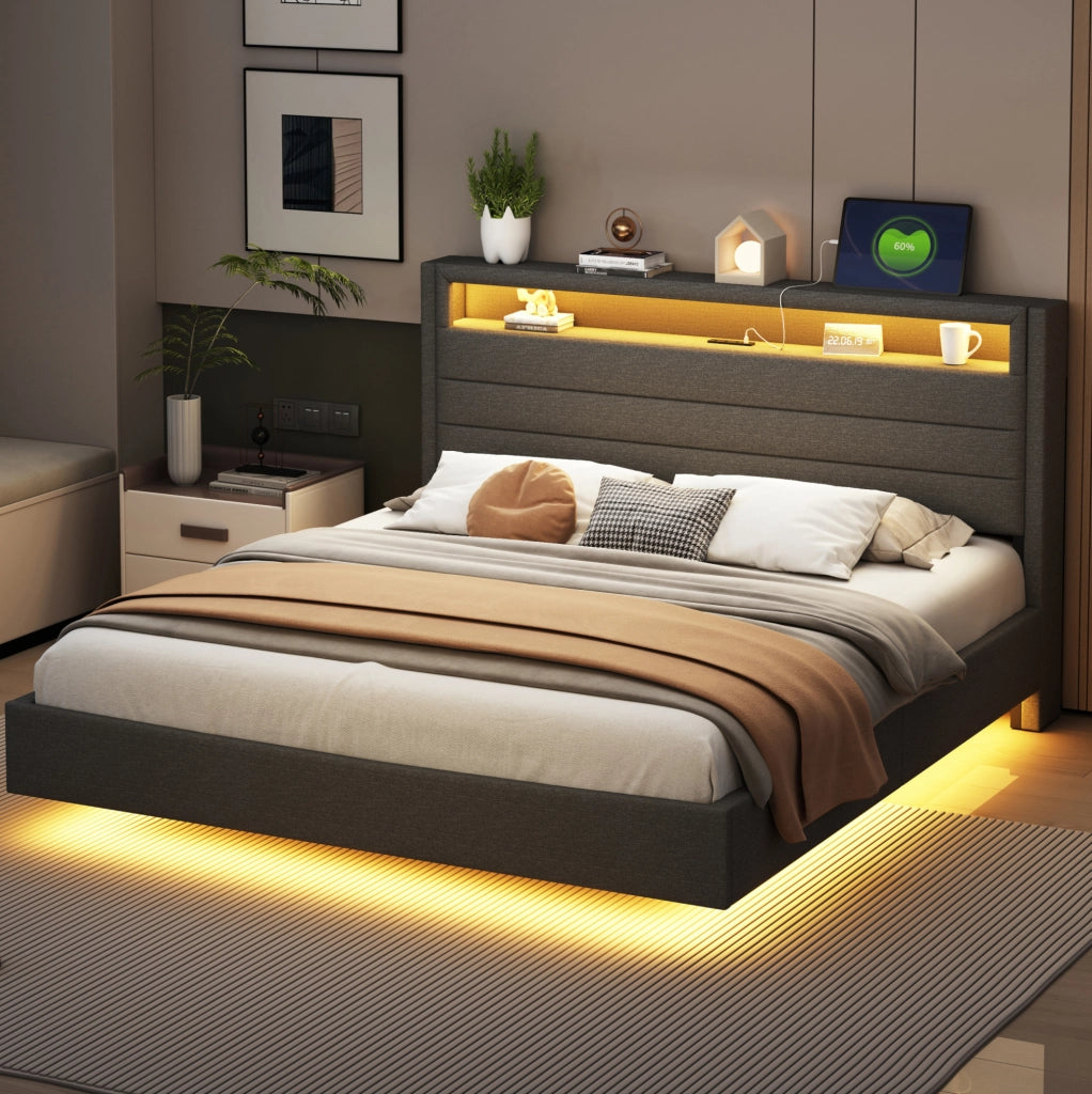Letto imbottito 160x200 cm grigio, tessuto e metallo, USB e LED