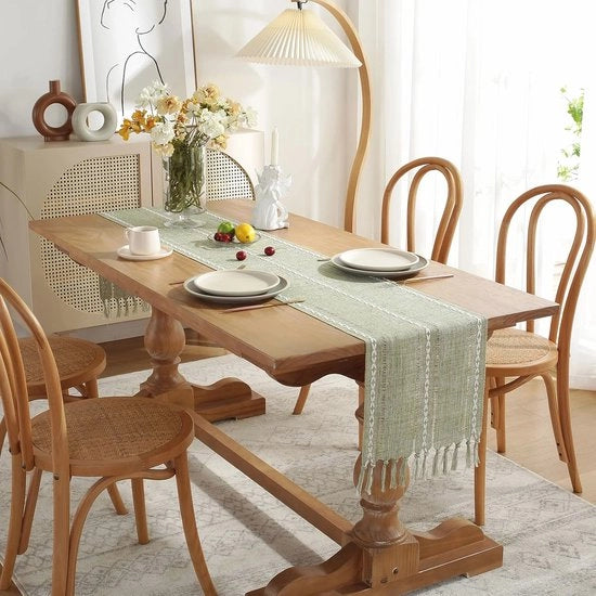 Tessuto di Lino per Tavolo 230cm - Verde Salmiak con Panno per Mani per Decorazione di Cucina e Sala da Pranzo