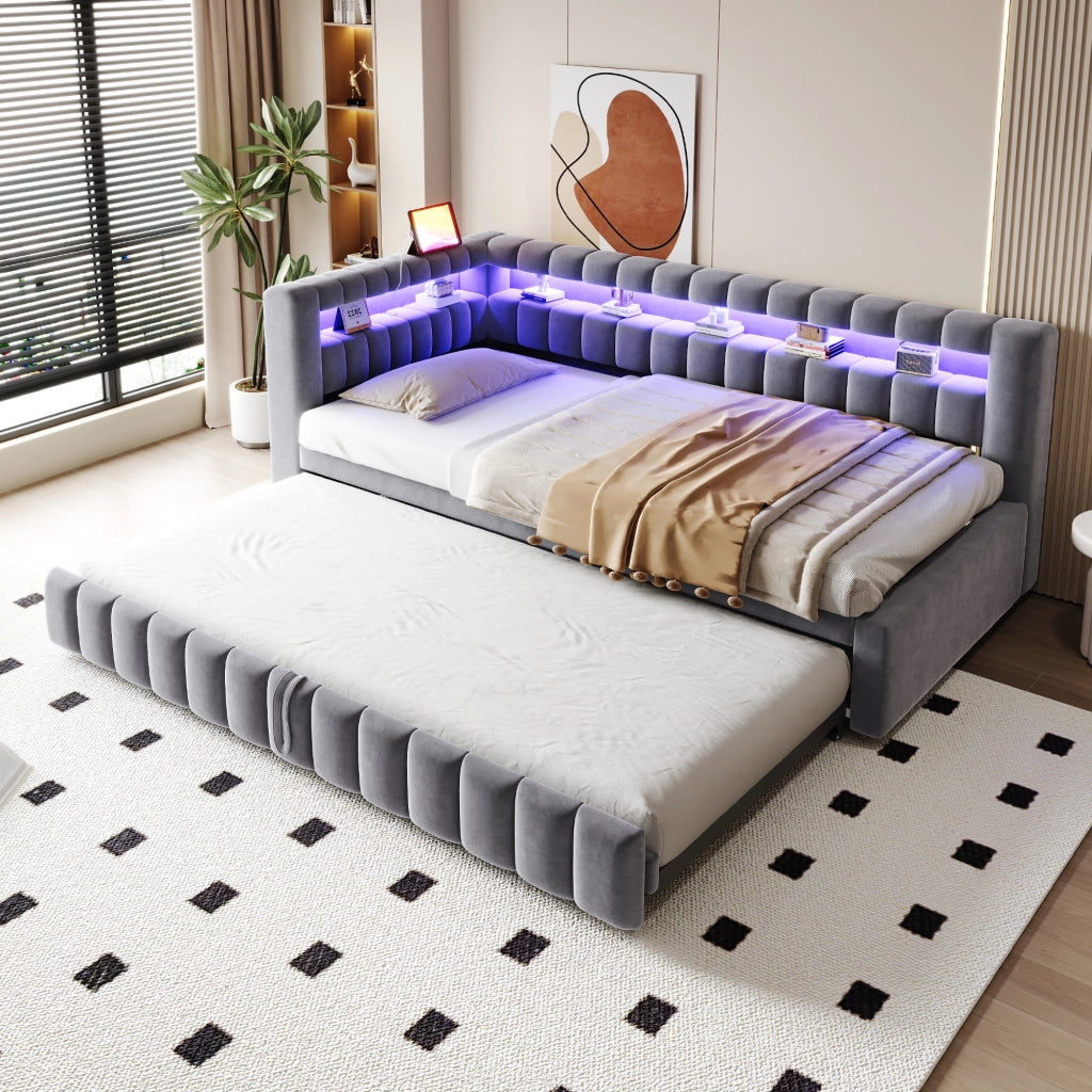 OKWISH Letto a Scomparsa 90×200 cm, Letto Singolo con Letto Estraibile, USB, Type C, LED Regolabile e Vani, senza Materasso, Grigio