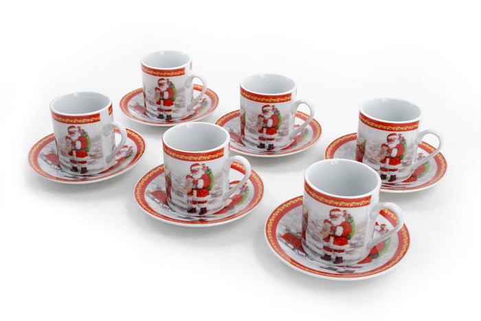 Set da Caffè 6 Tazzine e 6 Piattini di Natale in Ceramica