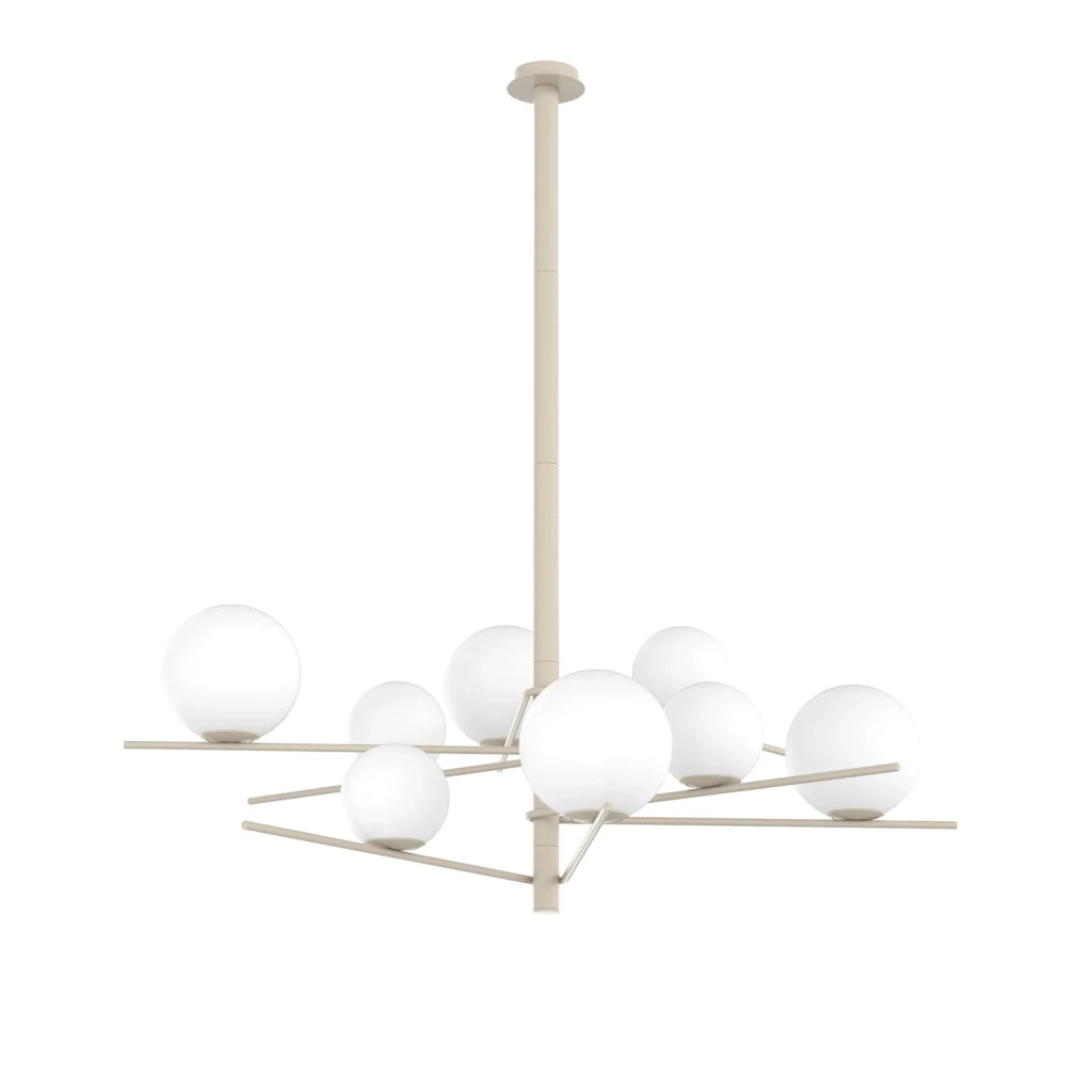 Lampadario Contemporaneo Boomerang Metallo Sabbia Vetro Bianco 8 Luci E27