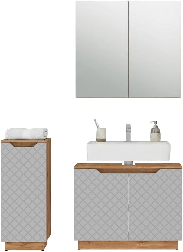 Set di mobili da bagno Lotta, Rovere/grigio con struttura in piastrelle, 3 parti