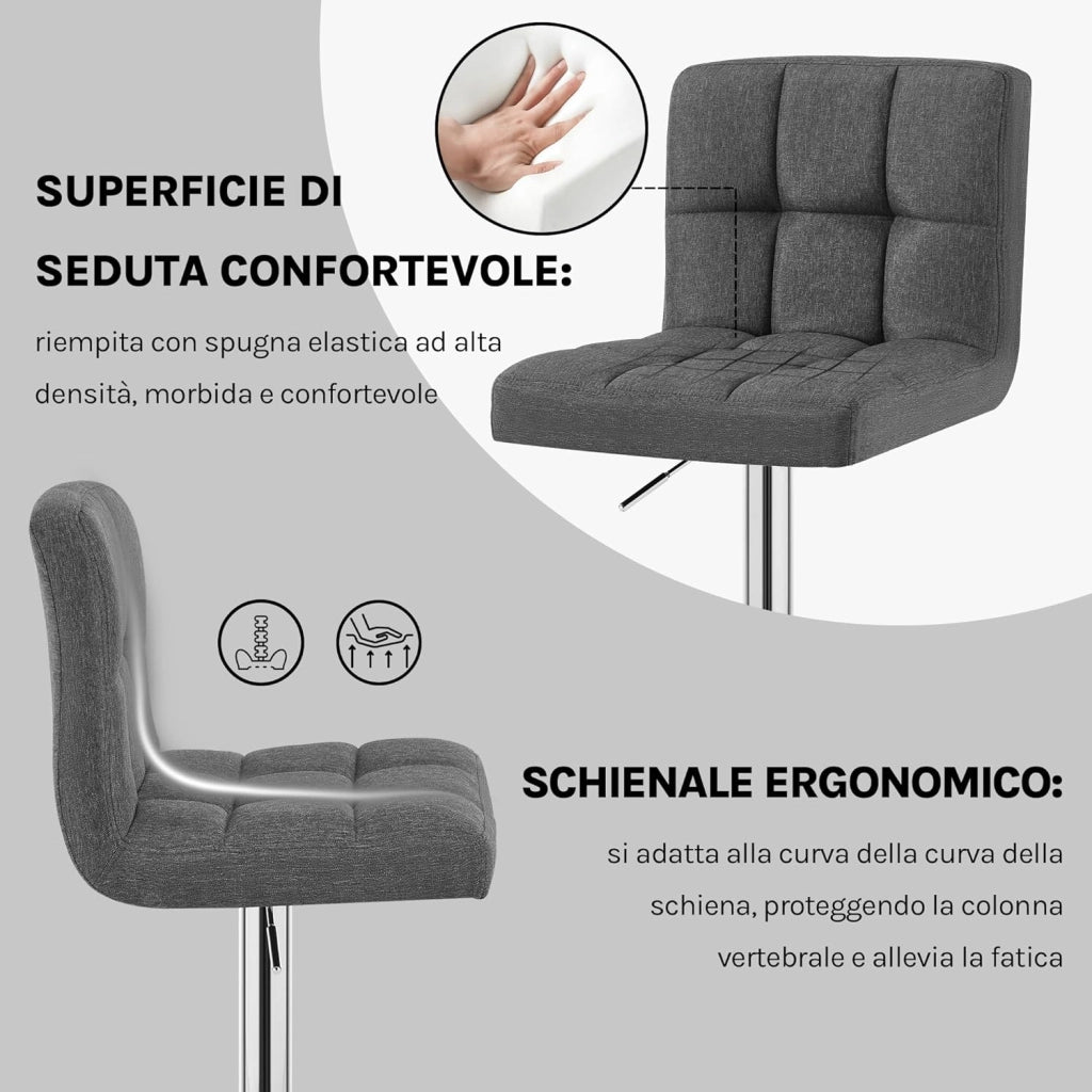 Sgabelli da Bar Tessuto di Lino Sedia Cucina Alta con Schienale Senza Braccioli Girevole, Grigio Scuro, BH32dgr-4