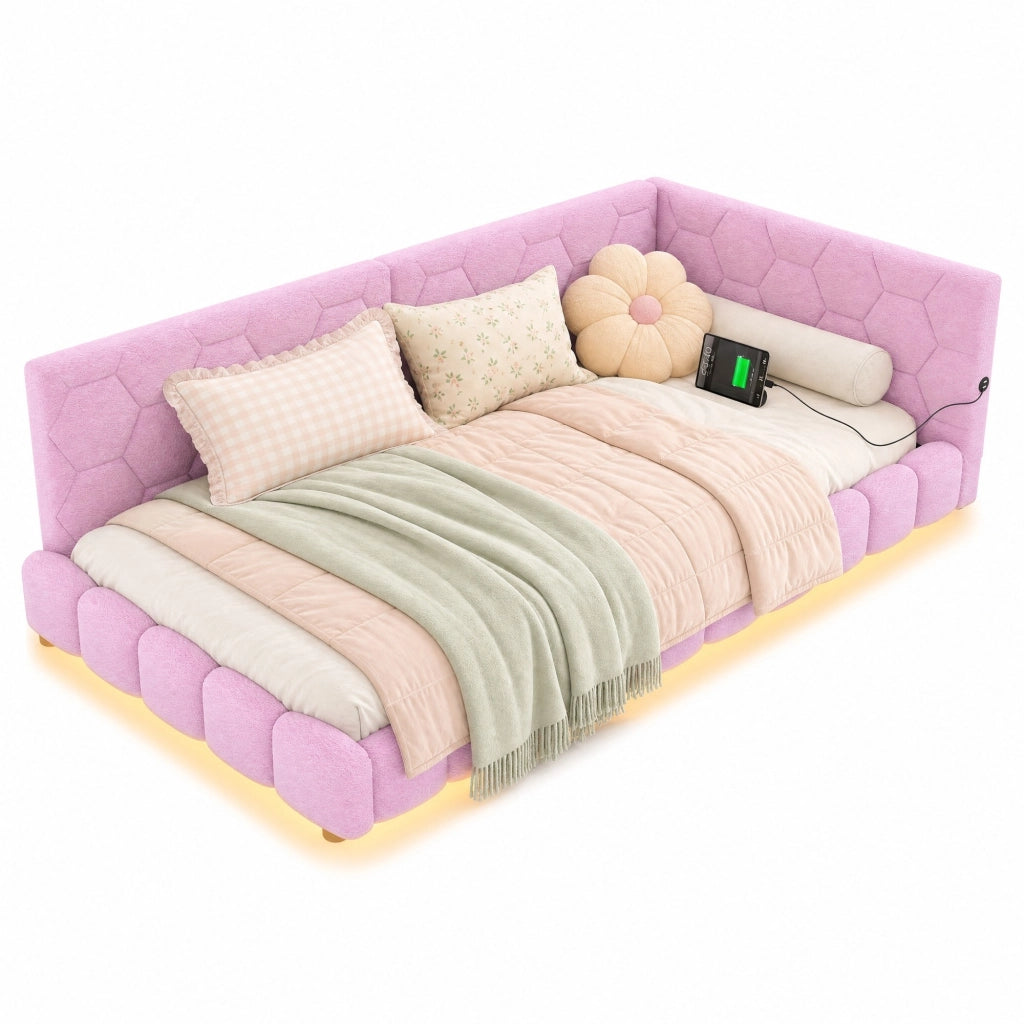 Divano letto singolo con LED regolabile; USB e Type-C; 90 x 200 cm; velluto rosa