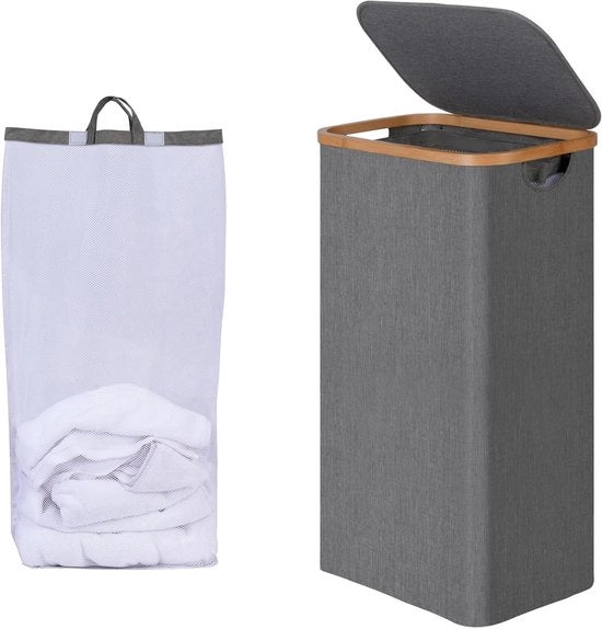 Cestino per la Lavanderia con Coperchio 75 Litri - Grigio, Tasca Interna Lavabile, Maniglie in Bambù - Ripiegabile per Cucina, Camera, Bagno