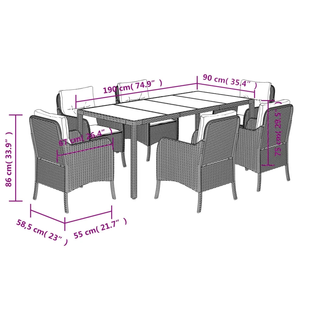 Set da Pranzo da Giardino 7 pz Nero con Cuscini in Polyrattan 3211852