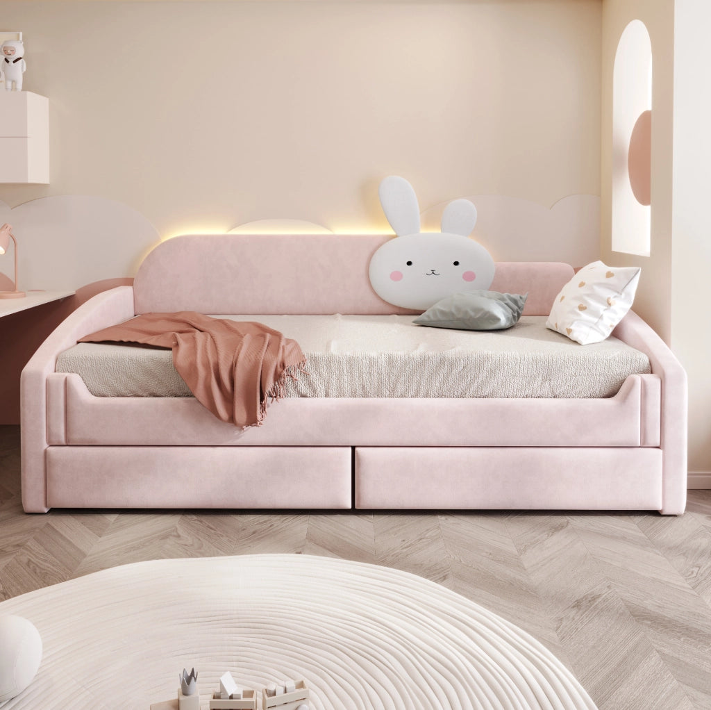 Letto imbottito 90x200 cm con LED e cassetti in velluto rosa