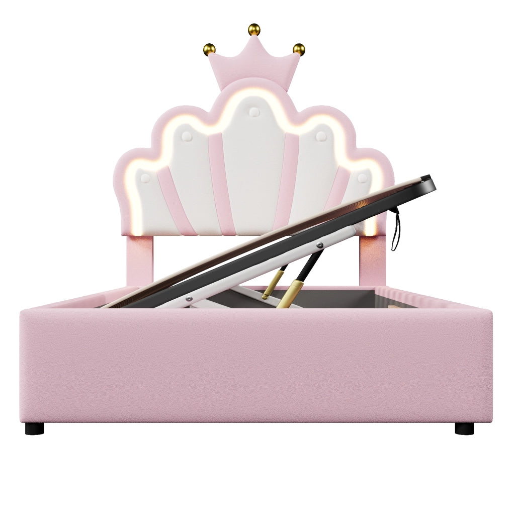 Crown Princess Single Bed 90x200cm con meccanismo idraulico di sollevamento in PU rosa