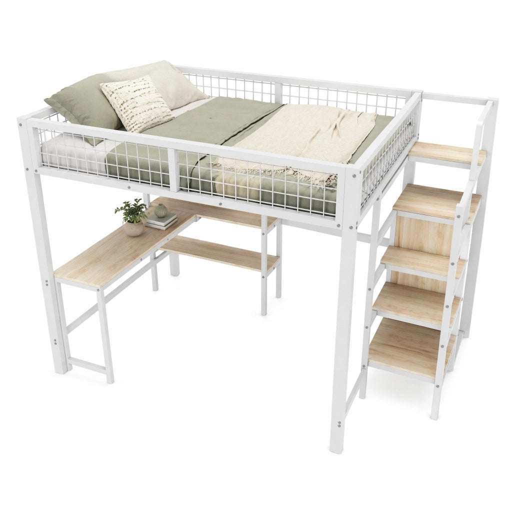 LETTO a soppalco 140x200 cm in MDF e metallo Bianco con scrivania e armadio