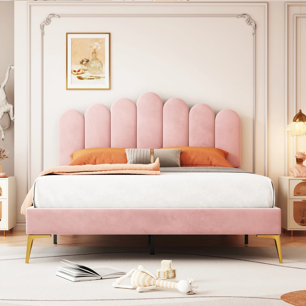 Letto imbottito matrimoniale 140×200 cm con testiera regolabile e rete a doghe; senza materasso; velluto rosa