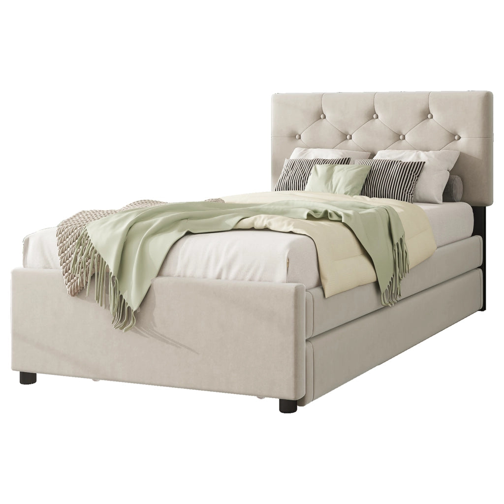 OKWISH Letto Bambino 90×200 cm, Letto Singolo con Letto Estraibile, Testiera Imbottita con Bottoni e Rivestimento Morbido, senza Materasso, Beige