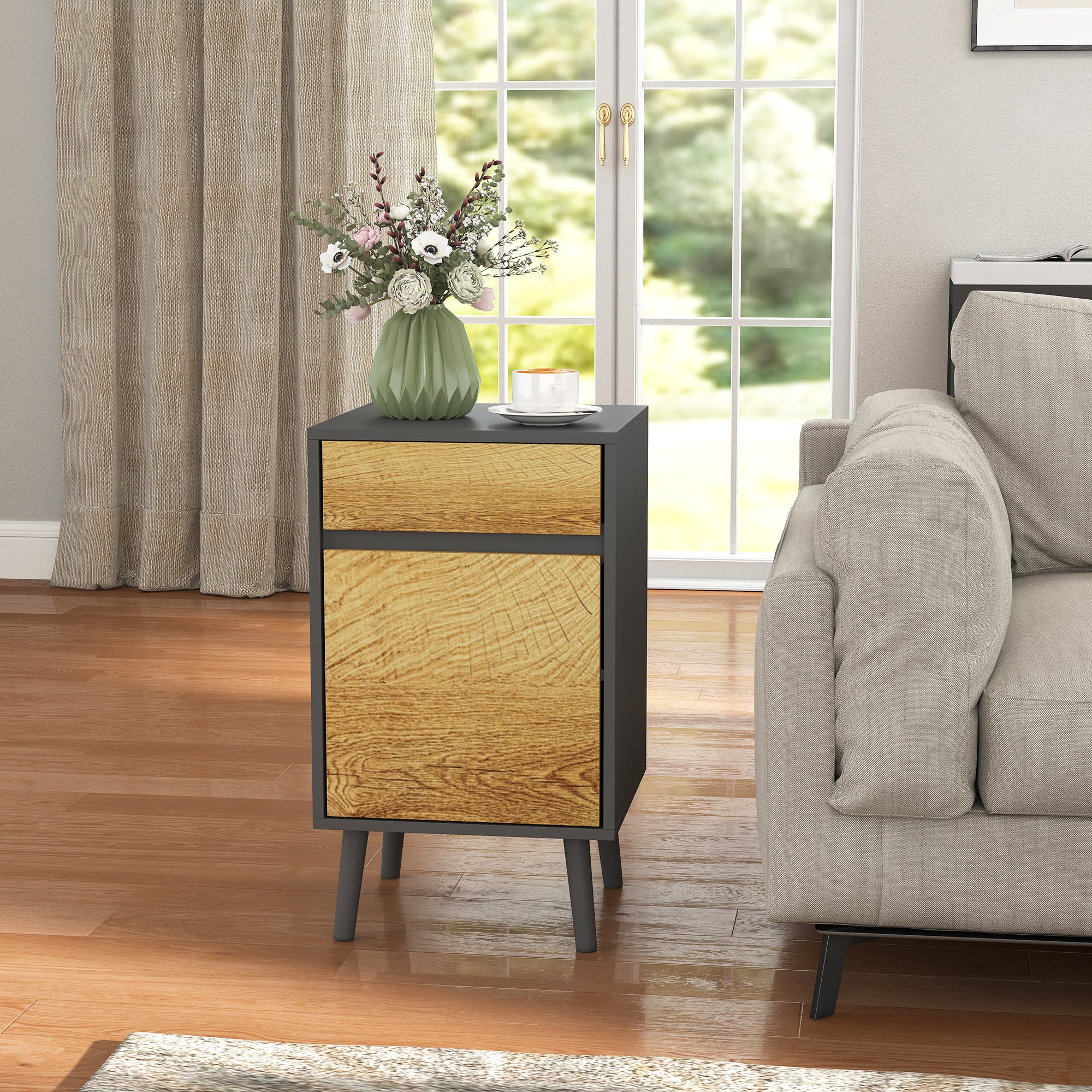 Comodino Moderno 40x39x69 cm con Cassetto e Armadietto in Truciolare Senza Maniglie Grigio Scuro e Legno