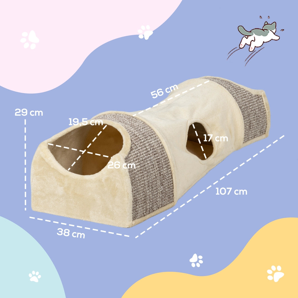 Tunnel per Gatti con 2 Nicchie in Sisal ¨C zephmum ¨C Beige 107x38x29 cm