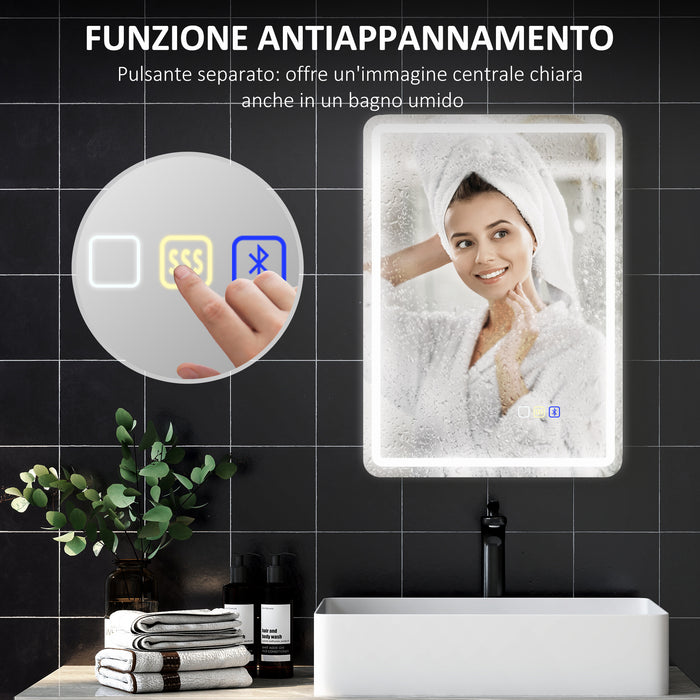 Specchio Bagno 70x50x3,5 cm LED con Bluetooth Illuminazione Regolabile e Funzione Memory in Vetro Temperato