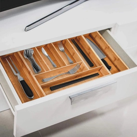 Cassetta di Stoccaggio in Bambù - Espandibile con 8 Cestelli - Adattabile in Dimensione - Per Utensili e Cucina
