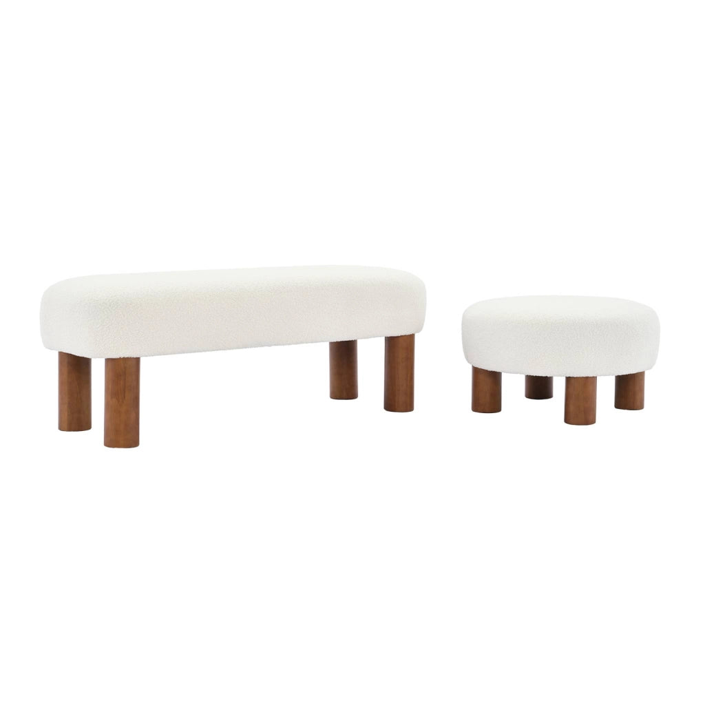 Panca in legno di gomma e tessuto bouclé, bianco
