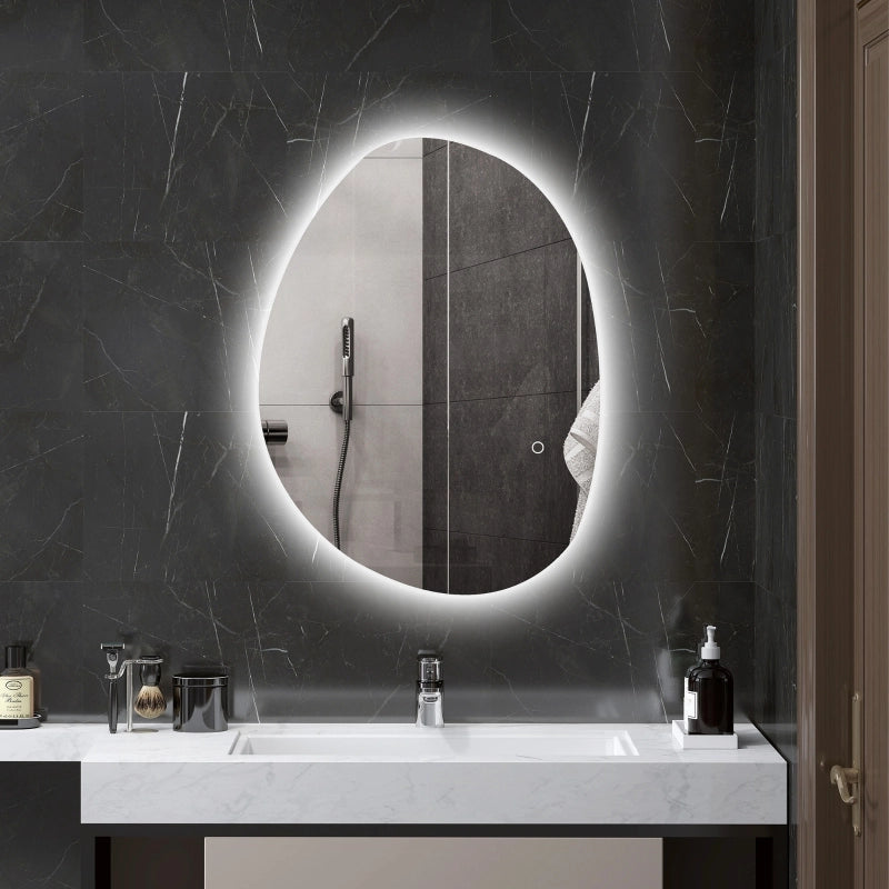 Specchio da bagno asimmetrico 70 x 50 cm con luce LED, funzione antiappannamento e touch, argento