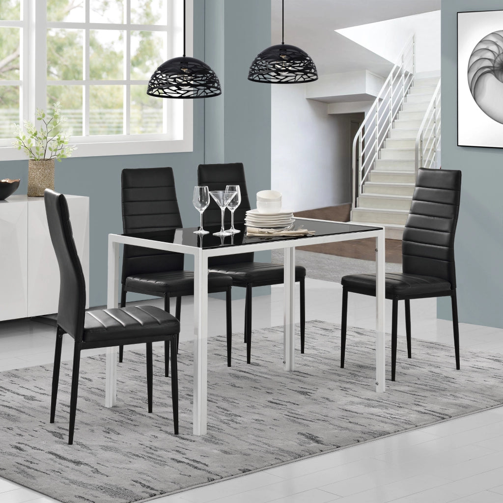 Set Tavolo da Pranzo Bianco-Nero con 4 Sedie Imbottite Schienale Alto Similpelle Nero [en.casa]