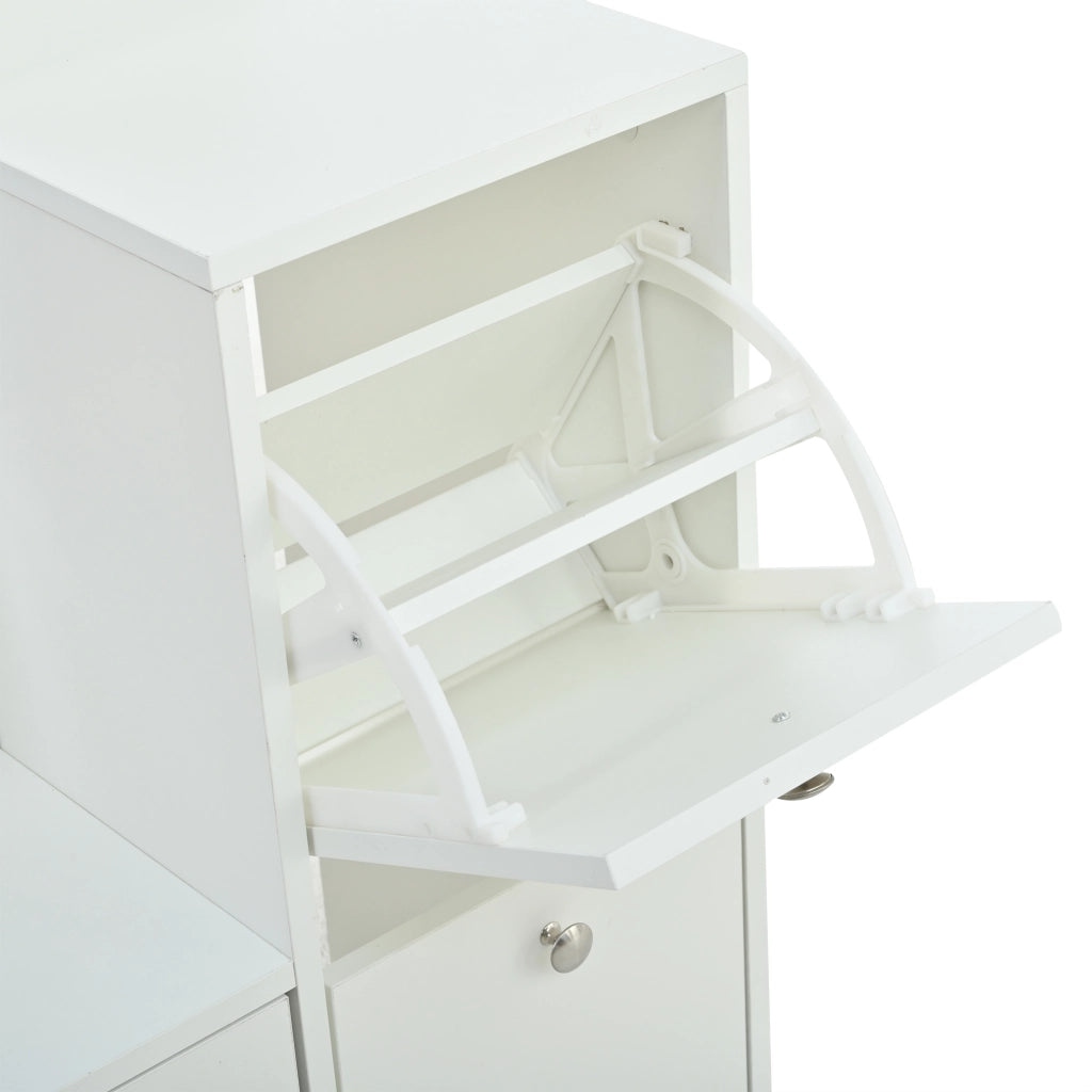 Mobile da ingresso con specchio, 2 scarpieri a ribalta e 5 vani aperti, in pannello truciolare bianco, 85 × 40 × 180 cm
