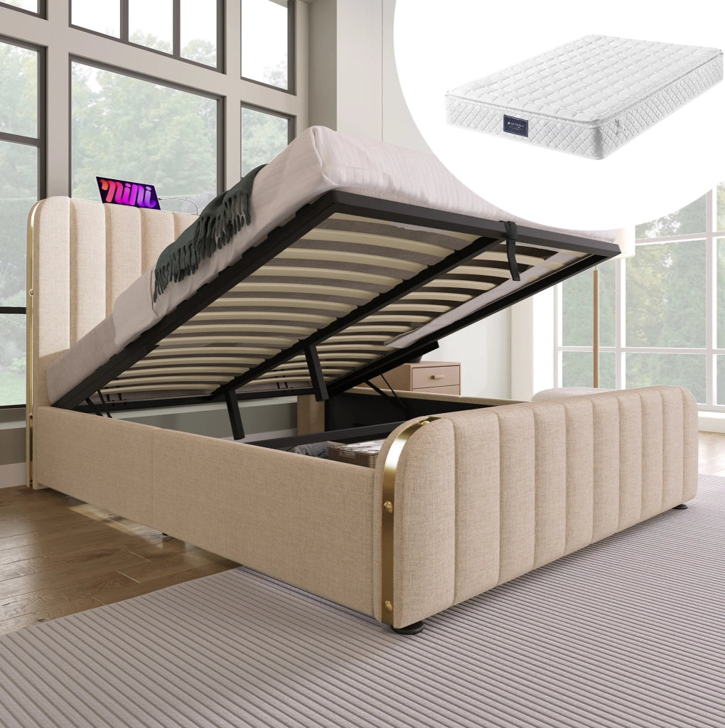 Letto matrimoniale 140x200 cm beige con materasso, USB-C e vano contenitore