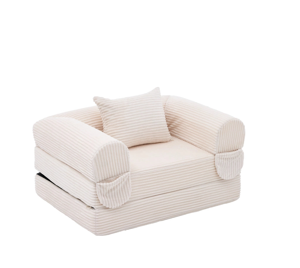 Divano letto convertibile 1 posto con cuscino, in tessuto corduroy, Beige