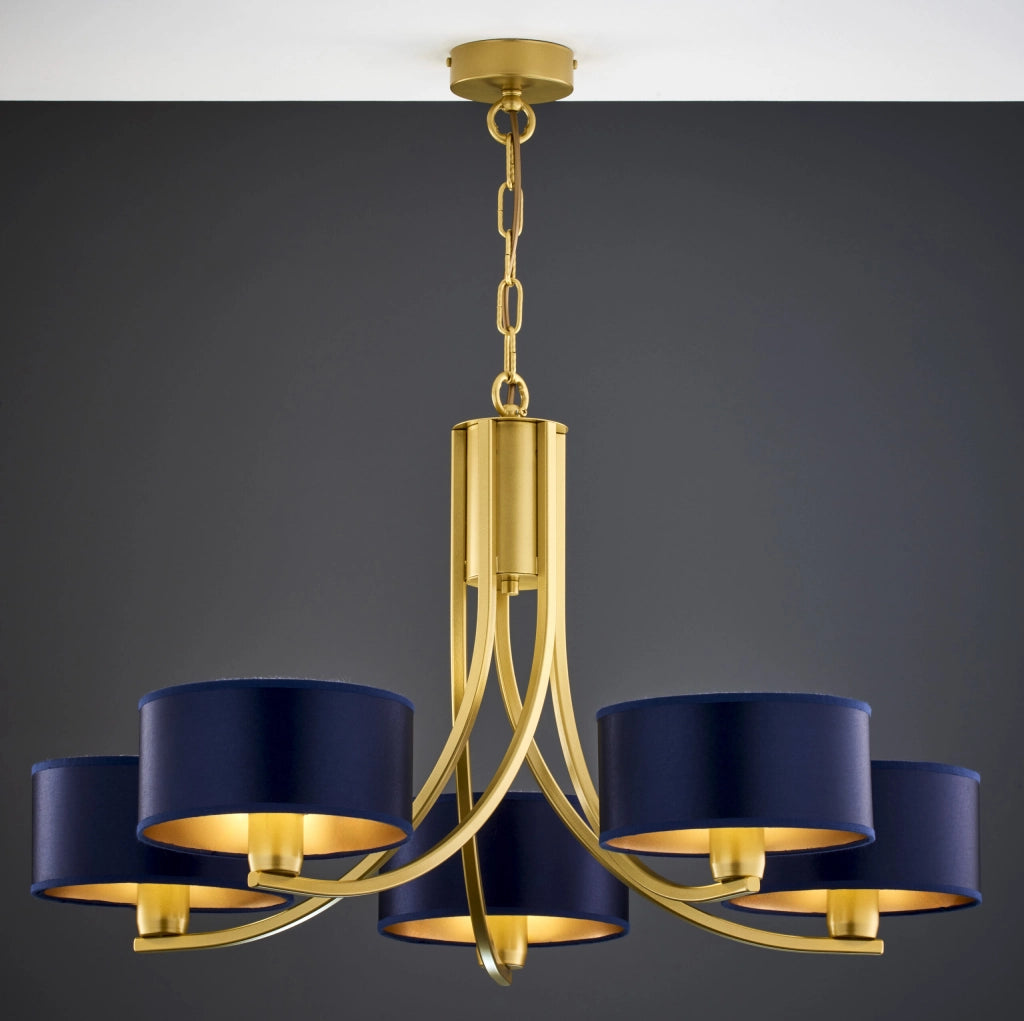 Lampadario oro a catena, paralumi blu 5xE27 Arthur Jupiter